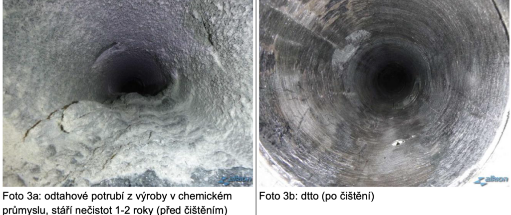 Odtahové potrubí z výroby v chemickém průmyslu - před a po čištění